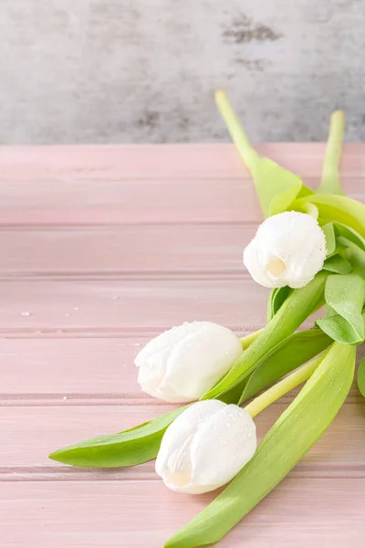 Boeket Witte Tulpen Roze Houten Ondergrond Lentetulp Voor Moederdag Pasen — Stockfoto