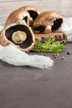 Portobello mantarı ve kırsal arka planda biberiye. Seçici odak