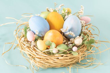 Küçük yuvada mavi ve sarı yumurtalar ve mavi arka planda çiçekler.