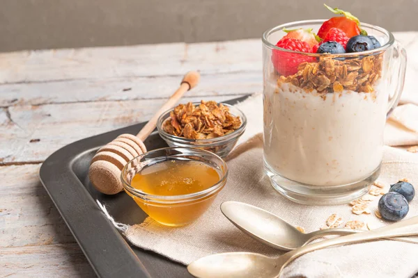 Granola Nuts Yogurt Red Fruits Berries Jar Breakfast Parfait Muesli — стоковое фото