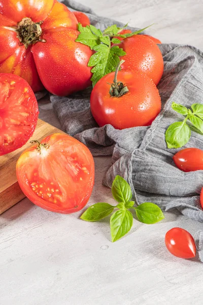 Large Variety Tomatoes Rustic Kitchen Counter Preparation Tomato Sauce Onions — Stock Photo, Image