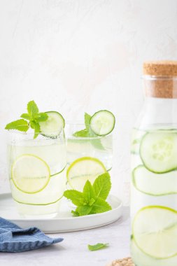 Eritilmiş suyu salatalık, nane ve kireçle tazelemek. Yaz içeceği kokteyli limonatası. Sağlıklı içki ve detoks konsepti