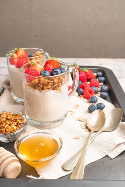 Granola Nuts Yogurt Red Fruits Berries Jar Breakfast Parfait Muesli — стоковое фото