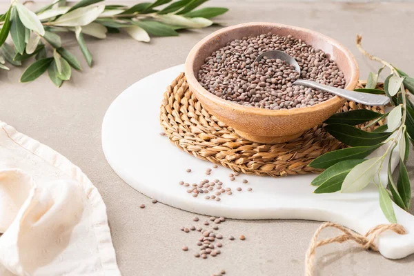 Uncooked Raw Green Lentil Ceramic Bowl Spoon Kitcehn Countertop Healthy — Fotografia de Stock