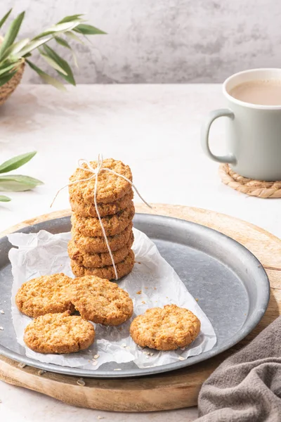 Stack Homemade Oatmeal Cookies Healthy Breakfast Cereal Oat Crackers Mug — Photo