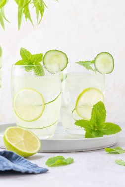 Eritilmiş suyu salatalık, nane ve kireçle tazelemek. Yaz içeceği kokteyli limonatası. Sağlıklı içki ve detoks konsepti