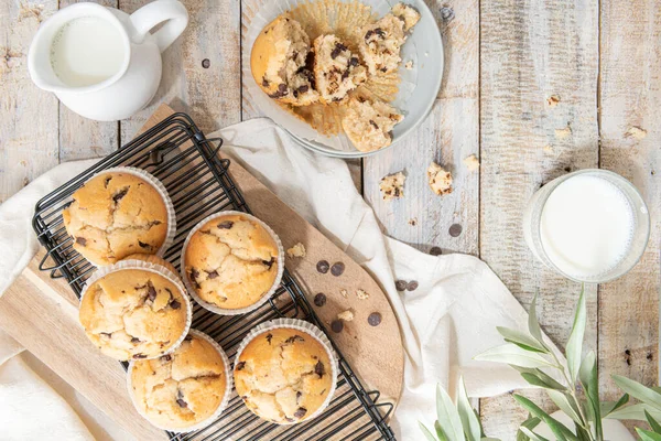 Chocolate chip muffins on a baking rack and glasses of milk on a white kitchen countertop.  Morning breakfast table. Top view, flat lay