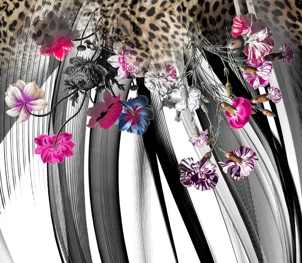 具有几何背景和豹纹的罂粟花 — 图库照片