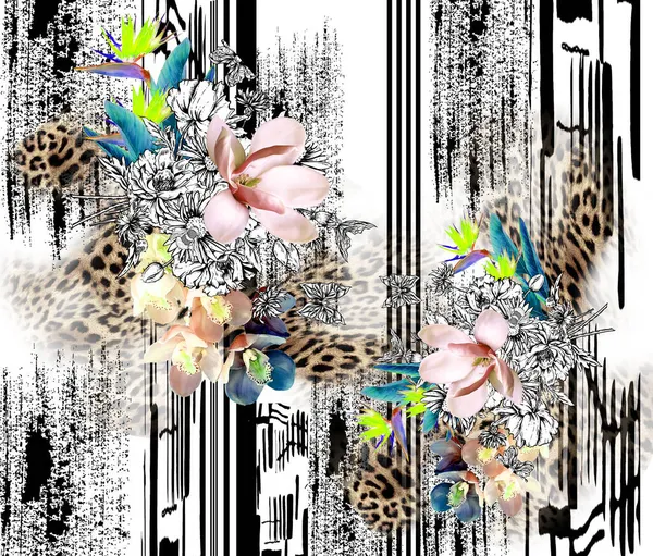 Blommönster Med Penseleffekter Och Leopardstruktur — Stockfoto