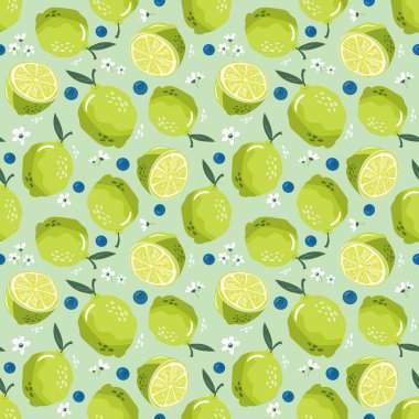 Kireç ve çiçekli, kusursuz yaz deseni. Tekstil, kumaş ve dekoratif kağıt için güzel bir tropikal arka plan. Raster illüstrasyonu