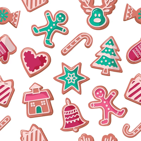 Weihnachten nahtlosen Hintergrund. Bunte Lebkuchen. traditionelles Muster für Packpapier, Banner, Pyjamas. niedliche Designelemente isoliert auf Weiß. Vektor — Stockvektor