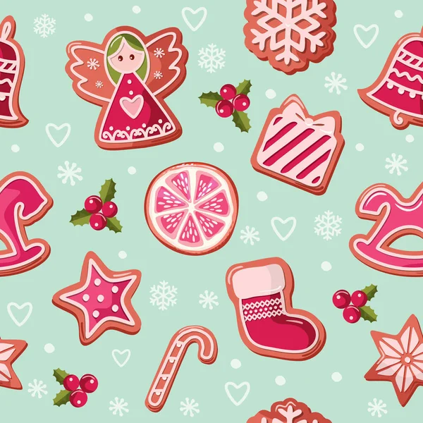 Weihnachten nahtloser Hintergrund. Lebkuchen. Traditionelle festliche Muster für Packpapier, Banner, Pyjamas. Vektor — Stockvektor