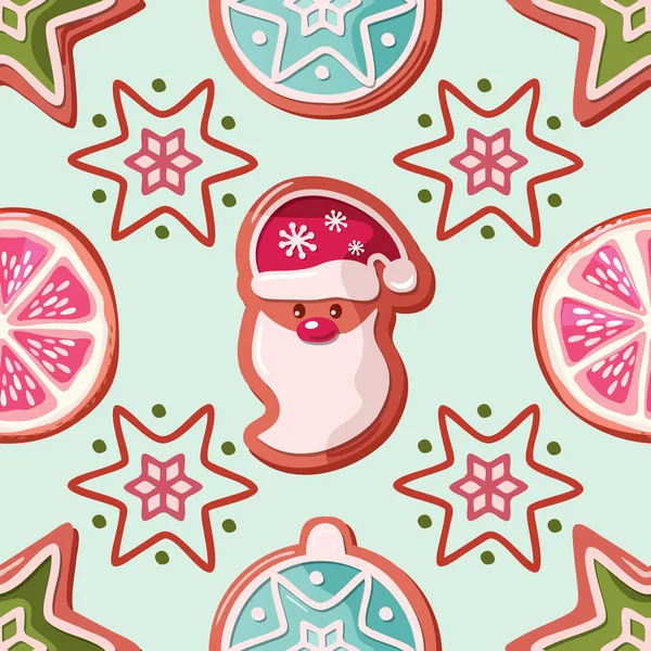 Weihnachten Nahtloser Hintergrund Lebkuchen Weihnachtsmann Plätzchen Und Obst Ziermuster Für — Stockvektor