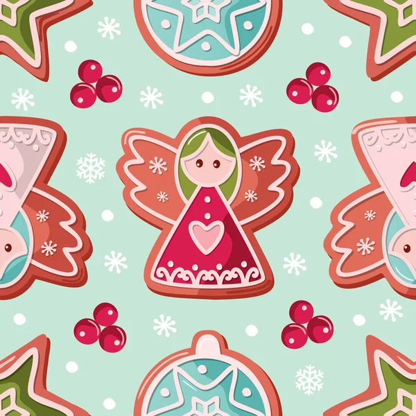 Weihnachten Nahtloser Hintergrund Lebkuchenengel Und Stechpalme Ziermuster Für Packpapier Banner — Stockvektor