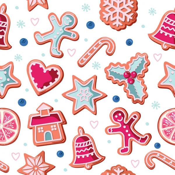 Weihnachten Nahtlosen Hintergrund Bunte Lebkuchen Traditionelles Muster Für Packpapier Banner — Stockvektor