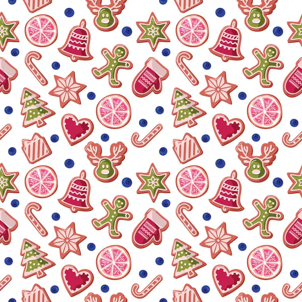 Χριστούγεννα απρόσκοπτη φόντο. Πολύχρωμα μπισκότα και φρούτα από μελόψωμο. Παραδοσιακό σχέδιο για χαρτί περιτυλίγματος, πανό, πιτζάμες. Κορδέλα — Φωτογραφία Αρχείου