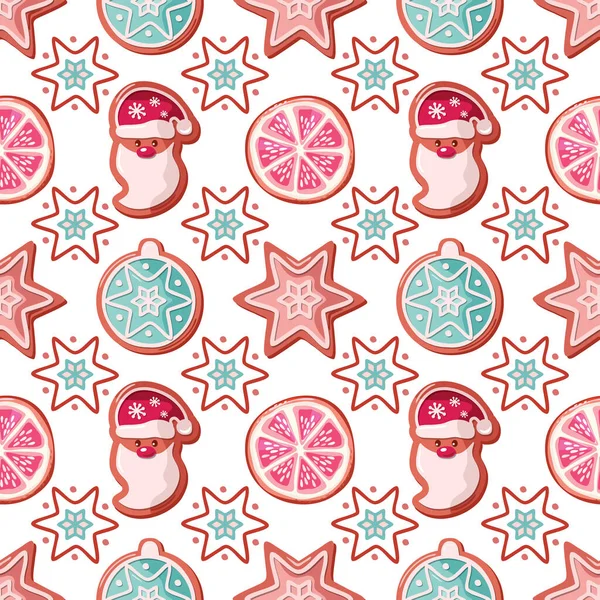 Vánoční bezproblémové pozadí. Perník Santa Claus sušenky a ovoce. Ozdobný vzor na balení papíru, bannerů, pyžama. Rastr — Stock fotografie