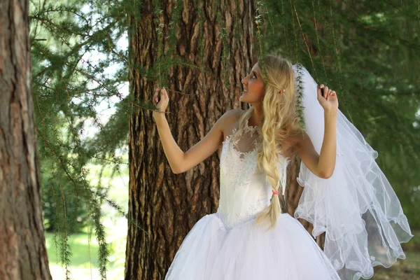 Невеста возле деревьев — стоковое фото