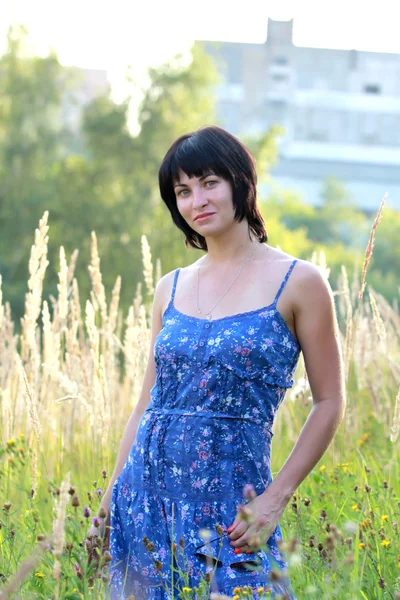 Brunette woman in dress on meadow — Stock Photo, Image