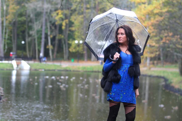 Donna con ombrello passeggiando vicino al lago — Foto Stock