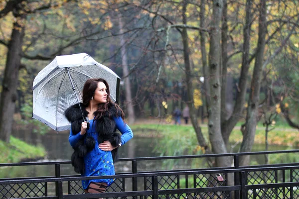 Vrouw met paraplu wandelen in het park — Stockfoto