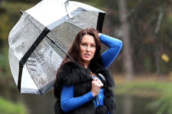 Brunette woman with umbrella in autumn park — Stock Photo, Image