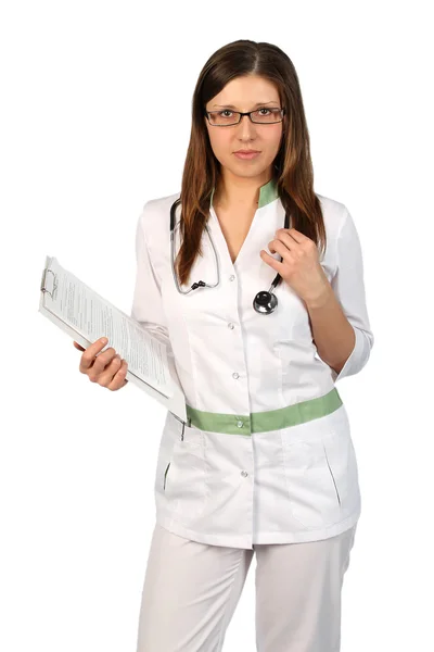 Allvarliga sjuksköterska i glas med Urklipp och stetoskop — Stockfoto
