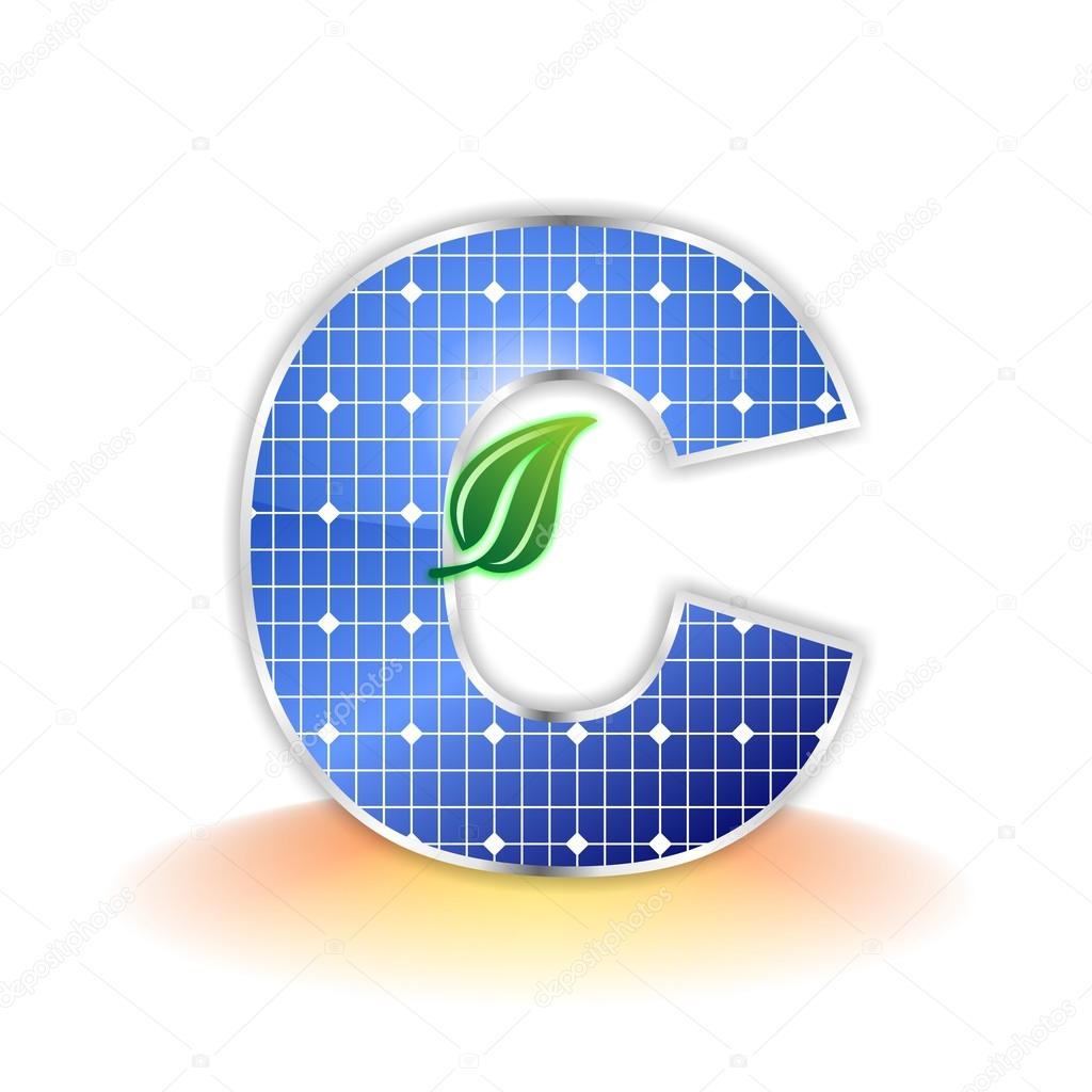 Alphabet capital letter C, icon, symbol or logotype element created with a solar panel texture added a sunbeam shadow reflection and a green leave.