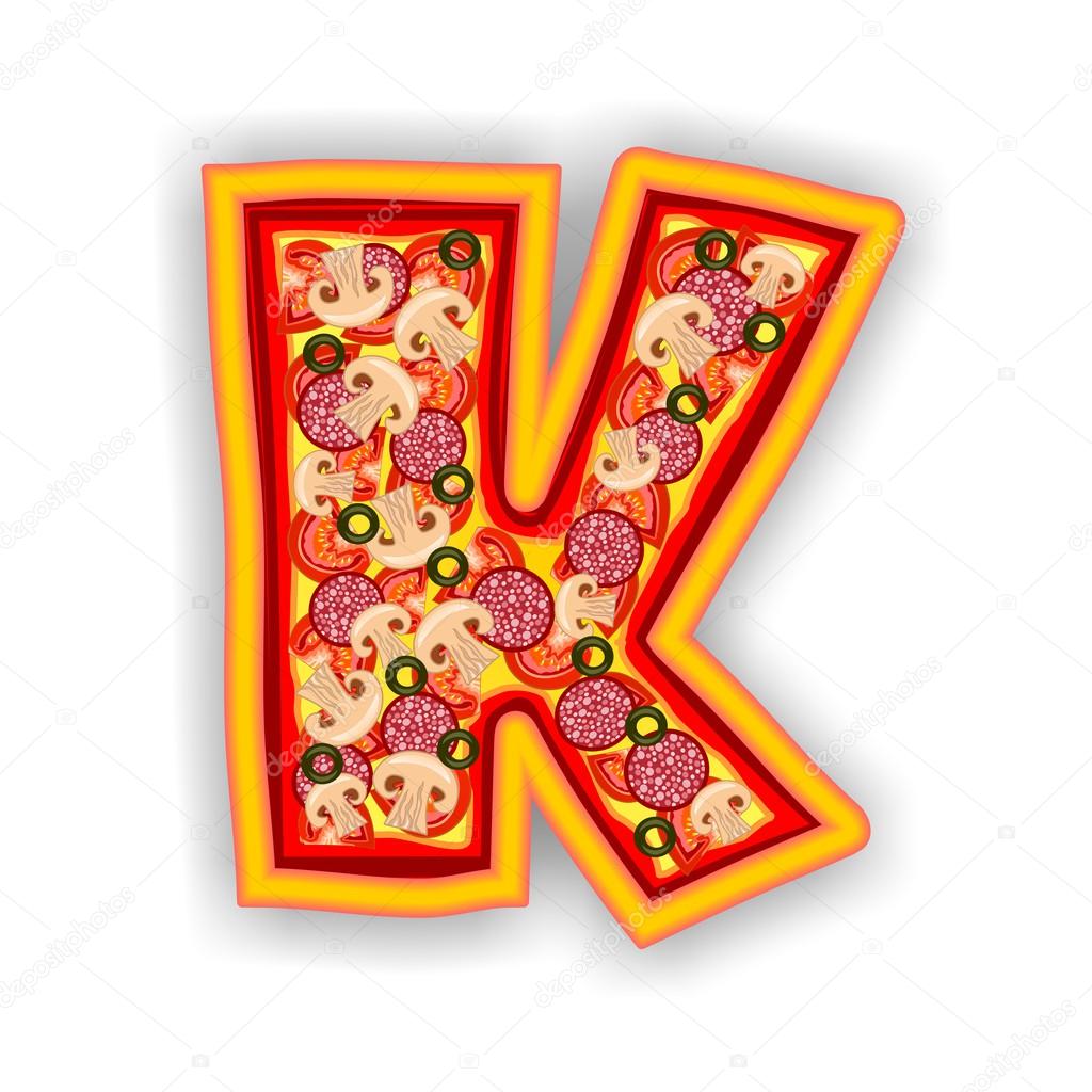 Letter K of the alphabet designed as a natural shaped real pizza with crusty crumb and ingredients, smooth shadow, isolated. Icon, symbol, button, sign or web design element as well as for print media publicity.