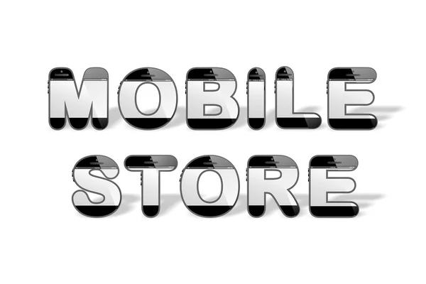 MOBILE STORE designet med smartphone-formet alfabet bogstaver - Stock-foto