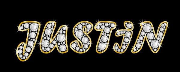 The name JUSTIN spelled in bling diamonds, with shiny, brilliant golden frame. Font style word. — Stock Photo, Image