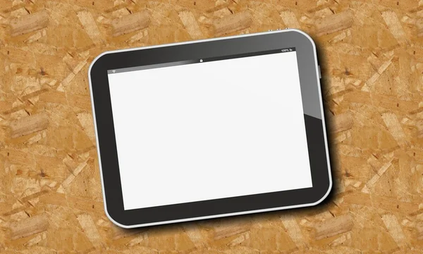 Tablet pc em madeira de chip de carpintaria — Fotografia de Stock