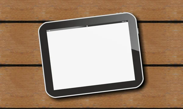Tablet PC'de kahverengi ahşap plakalar veya plakalar — Stok fotoğraf