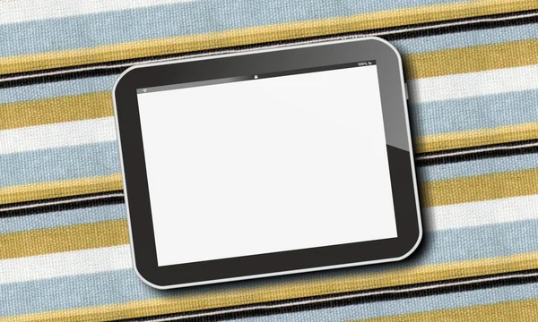 Tablet pc on striped colourful cotton textile texture pattern — Stock Photo, Image