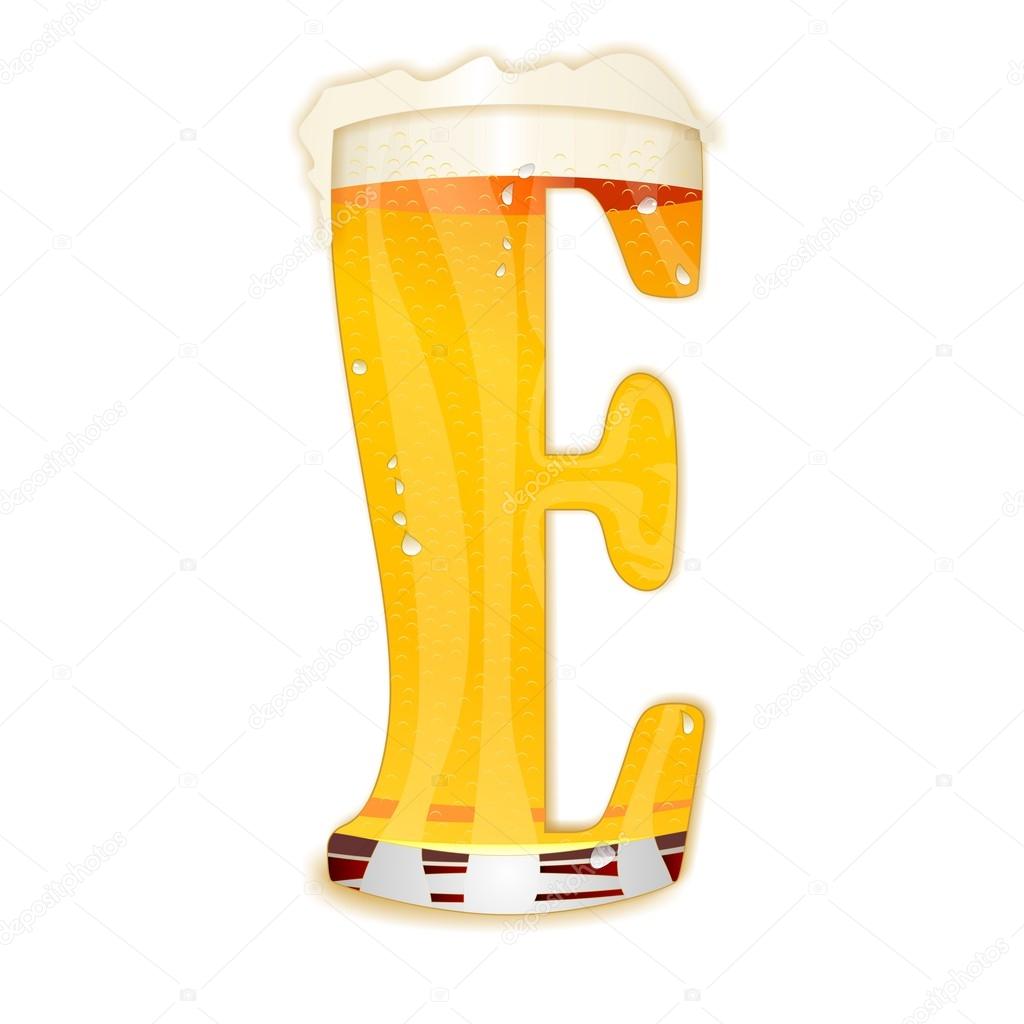 Very detailed illustration of a Beer Alphabet capital or uppercase font on white background showing a filled crystal glass with the letter E shape and some foam. Drops, pearls, bubbles.