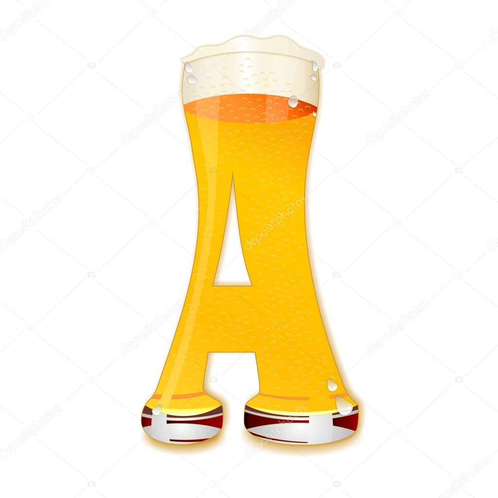 Very detailed illustration of a Beer Alphabet capital or uppercase font on white background showing a filled crystal glass with the letter A shape and some foam. Drops, pearls, bubbles.