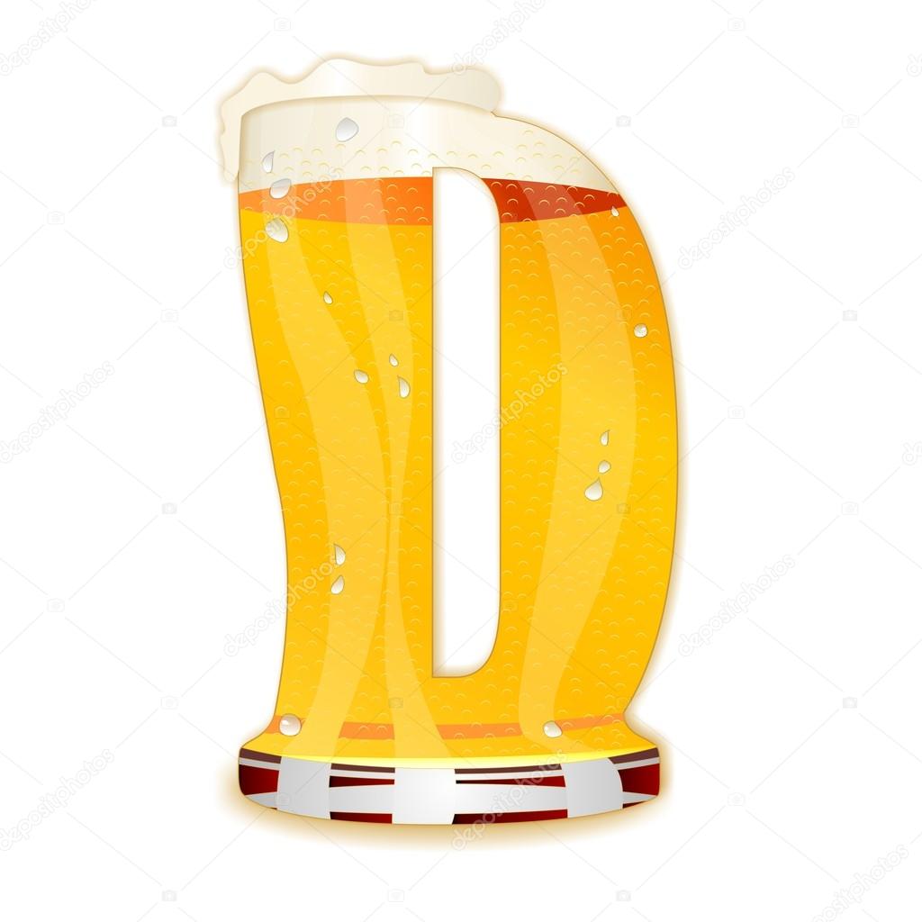 Very detailed illustration of a Beer Alphabet capital or uppercase font on white background showing a filled crystal glass with the letter D shape and some foam. Drops, pearls, bubbles.