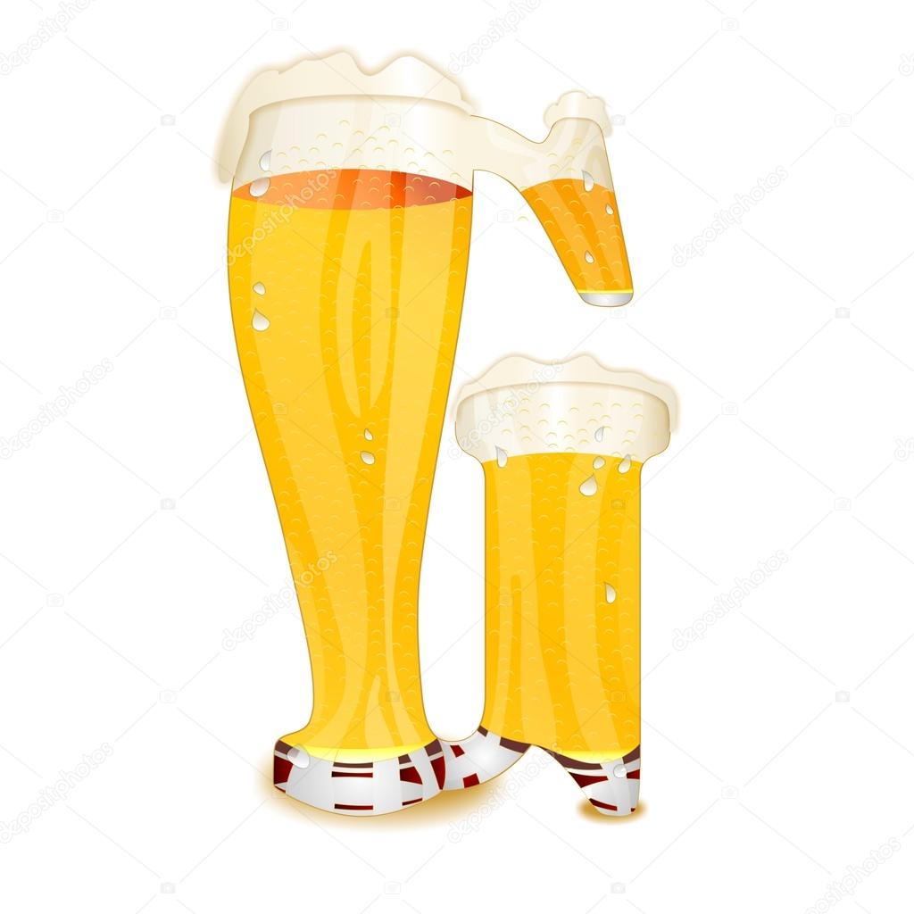 Very detailed illustration of a Beer Alphabet capital or uppercase font on white background showing a filled crystal glass with the letter G shape and some foam. Drops, pearls, bubbles.