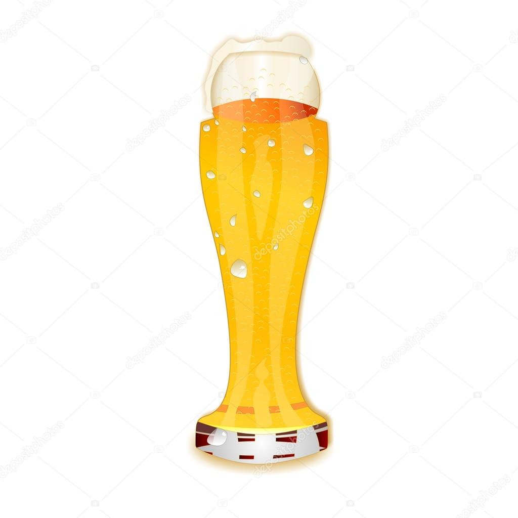 Very detailed illustration of a Beer Alphabet capital or uppercase font on white background showing a filled crystal glass with the letter I shape and some foam. Drops, pearls, bubbles.
