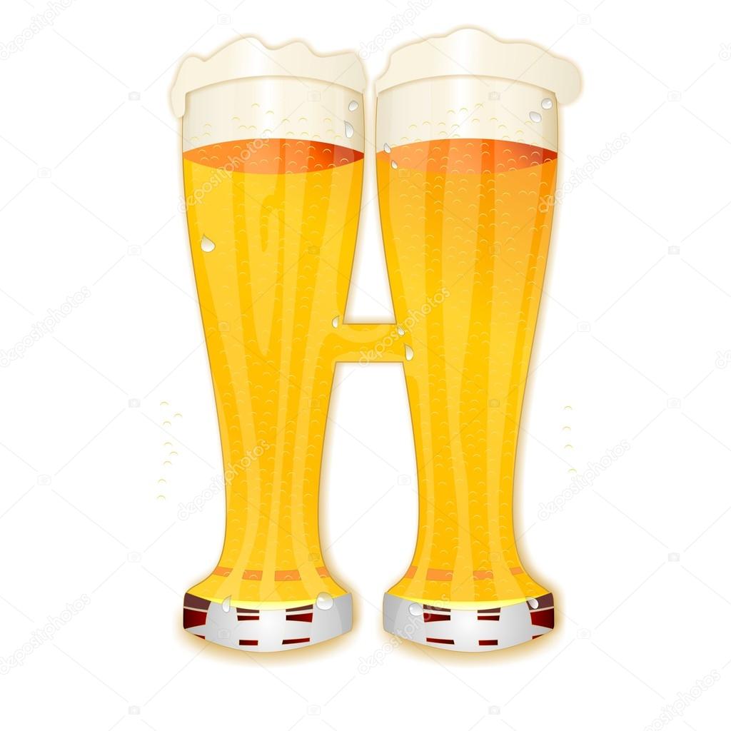 Very detailed illustration of a Beer Alphabet capital or uppercase font on white background showing a filled crystal glass with the letter H shape and some foam. Drops, pearls, bubbles.