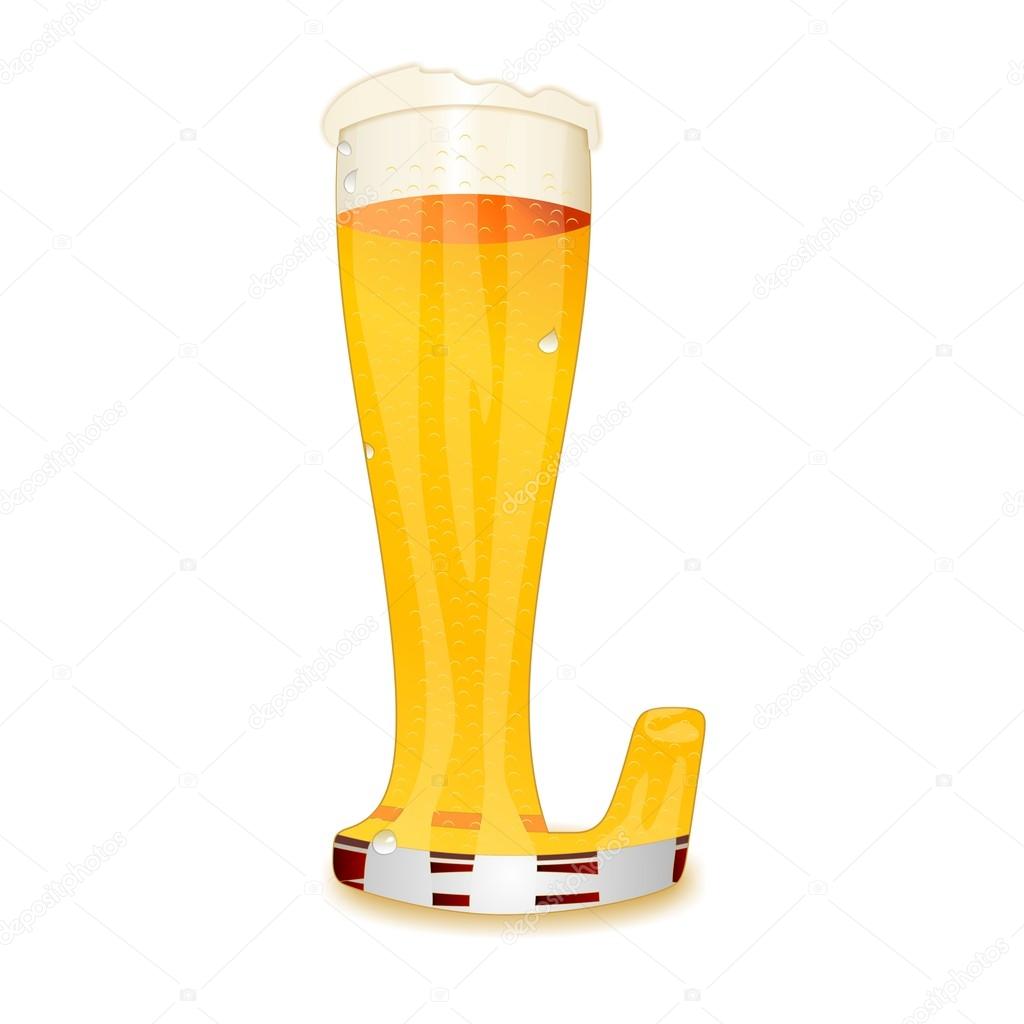 Very detailed illustration of a Beer Alphabet capital or uppercase font on white background showing a filled crystal glass with the letter L shape and some foam. Drops, pearls, bubbles.