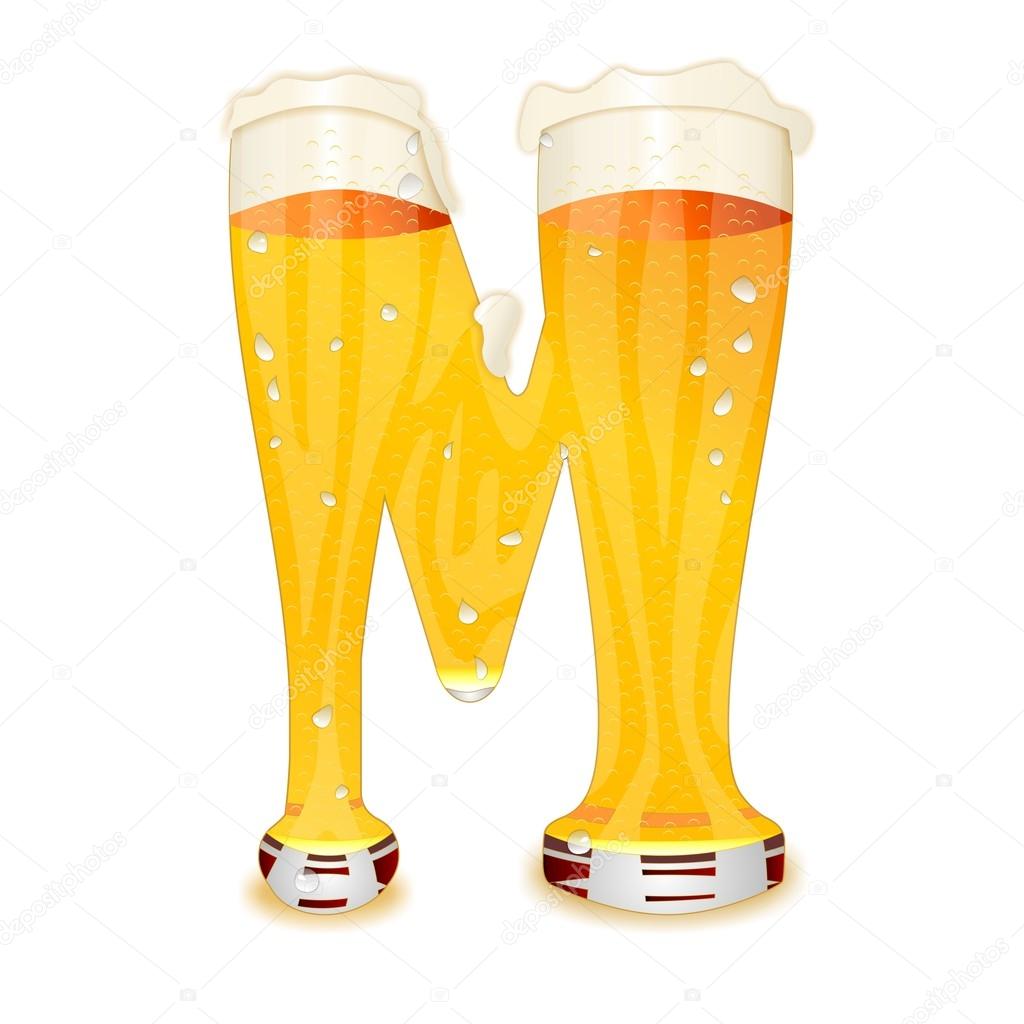 Very detailed illustration of a Beer Alphabet capital or uppercase font on white background showing a filled crystal glass with the letter M shape and some foam. Drops, pearls, bubbles.