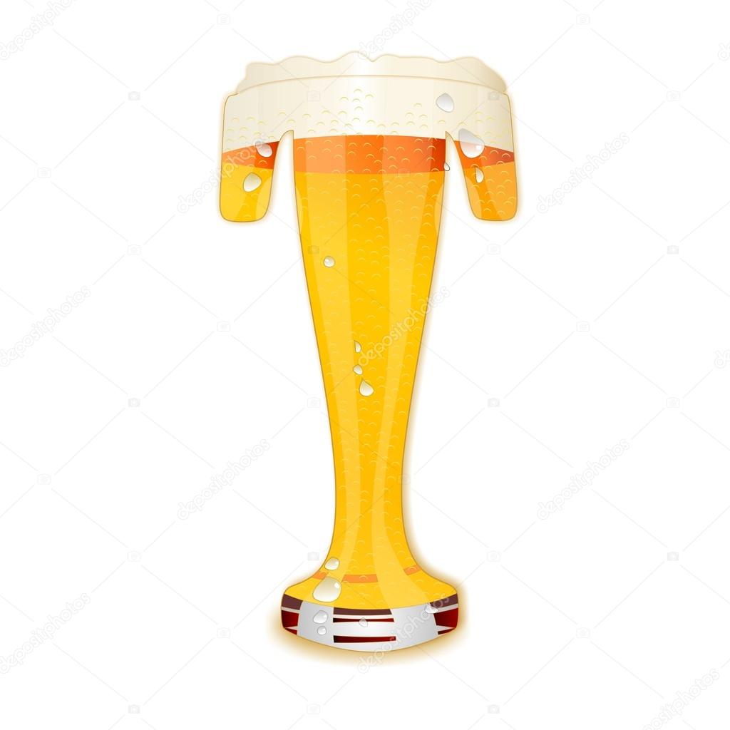 Very detailed illustration of a Beer Alphabet capital or uppercase font on white background showing a filled crystal glass with the letter T shape and some foam. Drops, pearls, bubbles.