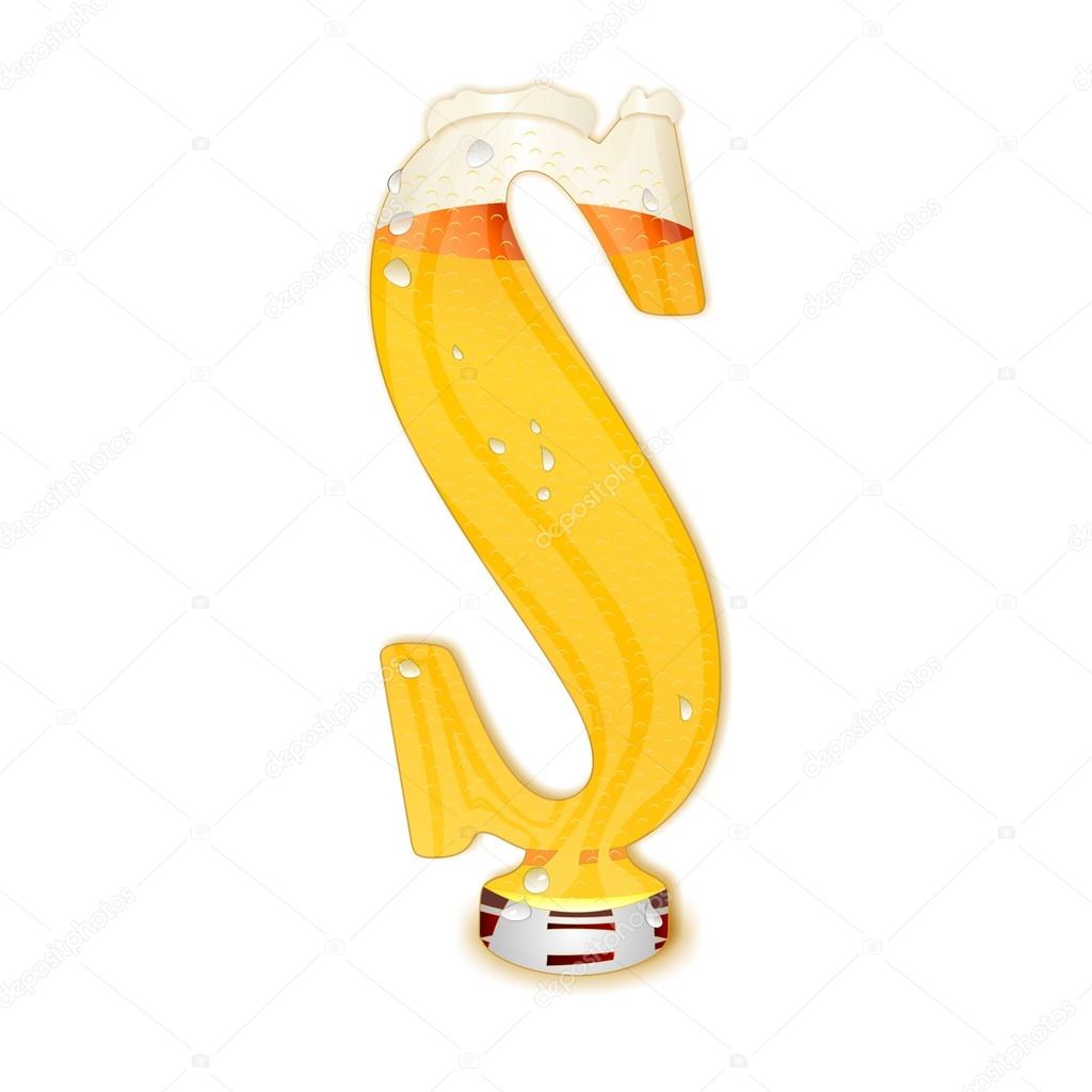 Very detailed illustration of a Beer Alphabet capital or uppercase font on white background showing a filled crystal glass with the letter S shape and some foam. Drops, pearls, bubbles.
