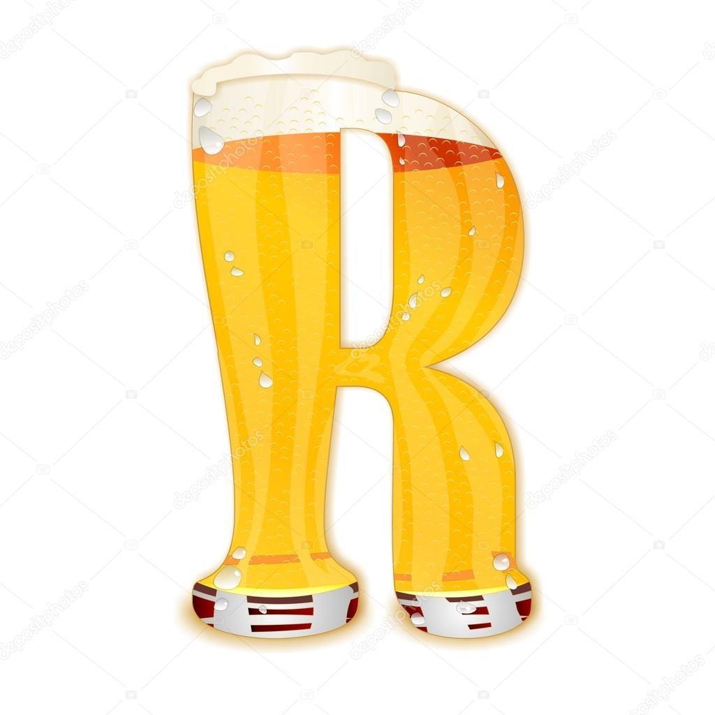 Very detailed illustration of a Beer Alphabet capital or uppercase font on white background showing a filled crystal glass with the letter R shape and some foam. Drops, pearls, bubbles.