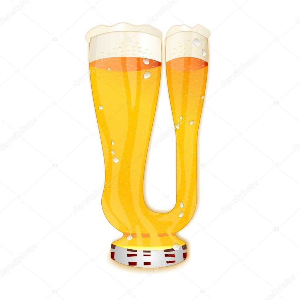 Very detailed illustration of a Beer Alphabet capital or uppercase font on white background showing a filled crystal glass with the letter U shape and some foam. Drops, pearls, bubbles.