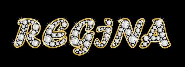 Il nome Regina scritto in diamanti bling, con brillante cornice dorata — Foto Stock