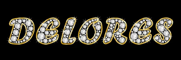 De naam delores gespeld in bling diamanten, met glanzende, briljant gouden frame — Stockfoto