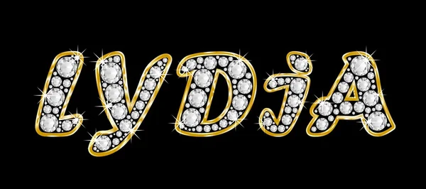 The name Lydia spelled in bling diamonds, with shiny, brilliant golden frame — Stock Photo, Image