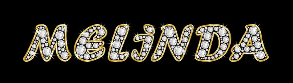 Der Name Melinda, geschrieben in Bling-Diamanten, mit glänzend goldenem Rahmen — Stockfoto